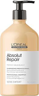L'Oréal Professionnel Shampoo Absolut Repair, Repara Danos e Promove Brilho, Com Quinoa Dourada & Proteínas, Para cabelos secos e danificados, Toque leve e Macio, 750ml