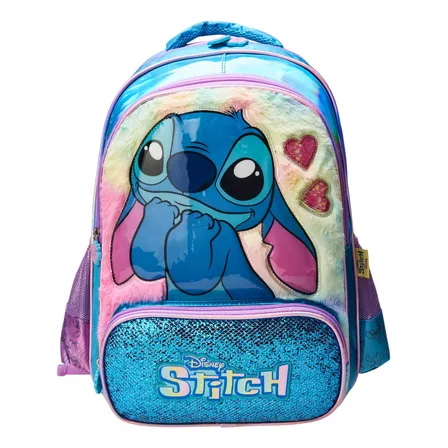 Mochila Escolar Inf. Is42411sc Stitch Em Poliéster Luxcel Cor Azul Desenho Do Tecido Liso
