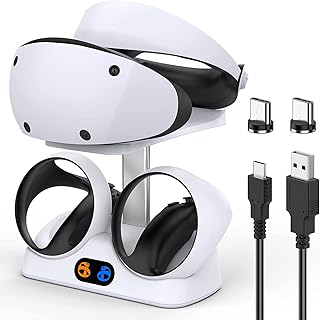 Suporte de carregamento rápido para PS VR2 Sense Controller, Dual Charger Dock Station para PS5 VR2 com Headset Display Mount&LED Light&2 USB-C Magnetic Connector/Cable