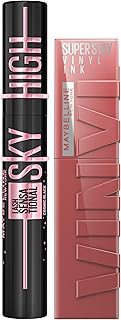 Maybelline: Kit de Máscara e Batom Sky High Cosmic Black + Vinyl, Cobertura Total ou Buildável, Alongar, Preto Cósmico, Maquiagem