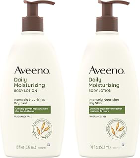 Aveeno Daily Moisturizing Body Lotion with Soothing Prebiotic Oat, Gentle Lotion Nourishes Dry Skin With Moisture, Paraben-, Dye- & Fragrance-Free, Non-Greasy & Non-Comedogenic, 2 x 18 oz